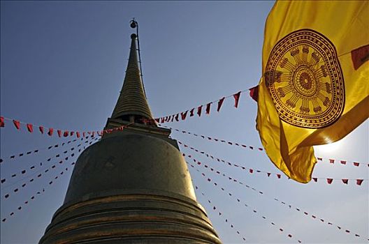 镀金,佛塔,佛教,旗帜,金色,曼谷,泰国,东南亚,亚洲