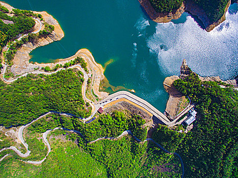 浙江,台州,天台县,龙溪乡,乡村,龙溪水库,山顶,俯瞰,航拍