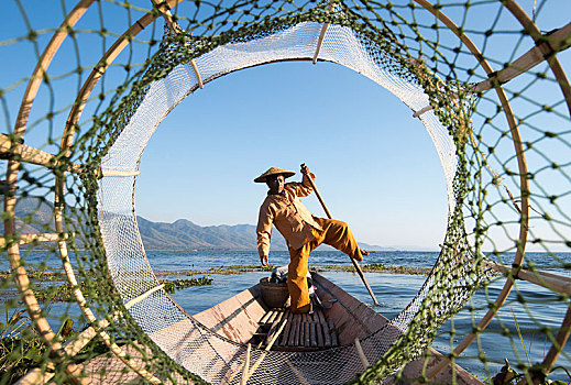 腿,划船,渔民,单腿独立,风景,渔网,茵莱湖