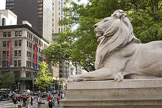 狮子,雕塑,正面,图书馆,纽约公共图书馆,纽约,美国