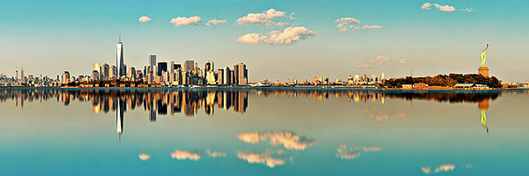 曼哈顿,市区,天际线,城市,摩天大楼,上方,河,反射