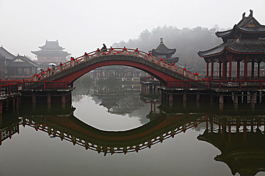 横店,影视基地,古代建筑,房子,木头,清明上河图,造景,城墙,城门,蓝天,湖,绿化,街道,亭子