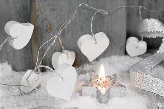 圣诞蜡烛,白色,心形,木头,雪,装饰