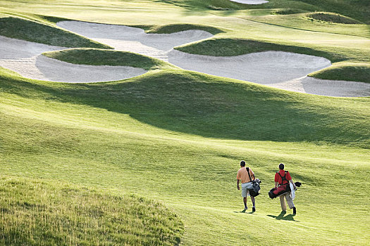 俯视,两个,打高尔夫,走,高尔夫球道,绿色,高尔夫球场