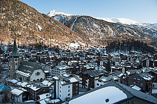 俯拍,积雪,屋顶,城镇,策马特峰,瓦莱,瑞士