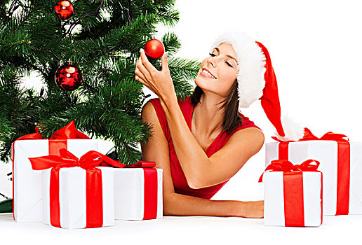 圣诞节,圣诞,冬天,高兴,概念,微笑,女人,圣诞老人,帽子,许多,礼盒,树