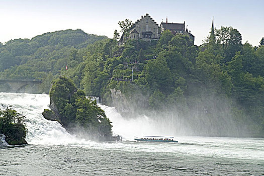瑞士,沙夫豪森,宫殿,流动,容器,旅游,船,夏天,河边,城堡,安装,建筑,河,莱茵河,瀑布,魅力,景象,象征,自然,水,大量,叫