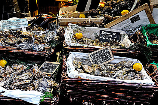 法国,巴黎,地区,市场货摊,鱼贩,牡蛎,板条箱