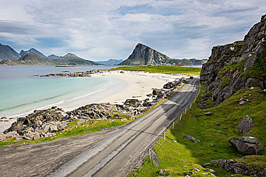道路,沙滩,罗弗敦群岛,挪威,欧洲