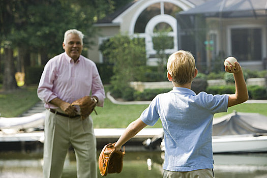 父子,玩,棒球,后院