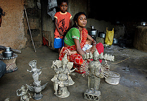 家庭,青铜,神像,生活方式,西孟加拉,印度,七月,2005年
