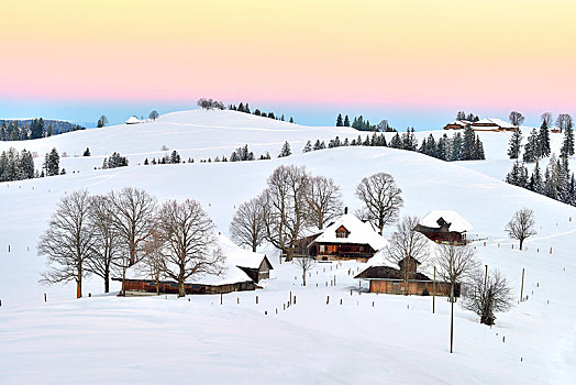 农舍,积雪,丘陵地貌,早晨,亮光,伯恩,瑞士,欧洲