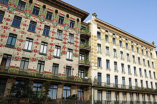 左边,金色,花,装饰,建筑,房子,右边,新艺术,1898年,维也纳,排,著名,公寓楼,奥地利,欧洲