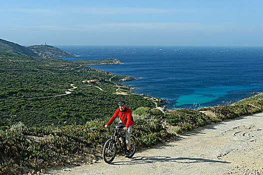 山地车手,骑自行车,半岛,靠近,上科西嘉省,科西嘉岛,法国,欧洲