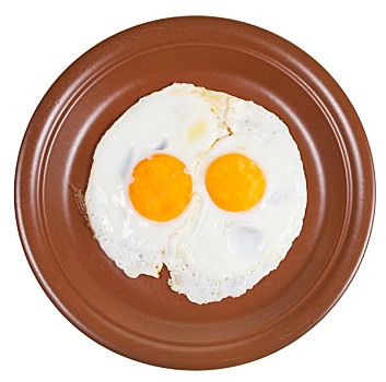 俯视,两个,煎鸡蛋,陶瓷,褐色,盘子