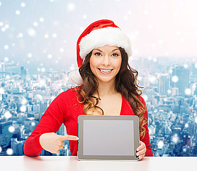 圣诞节,休假,科技,人,概念,微笑,女人,圣诞老人,帽子,平板电脑,电脑,上方,雪,城市,背景