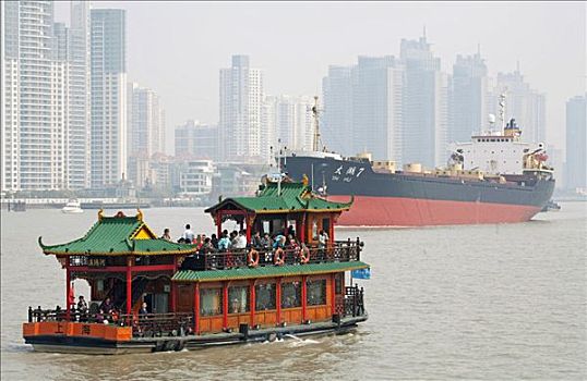渡轮,船,河,摩天大楼,背景,上海,中国