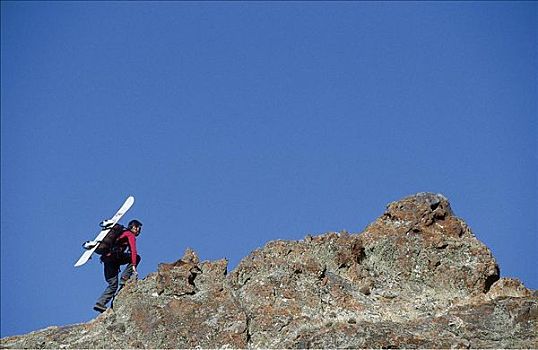伊朗,男人,登山者,顶峰,山,石头,滑雪板,背包,亚洲,探险