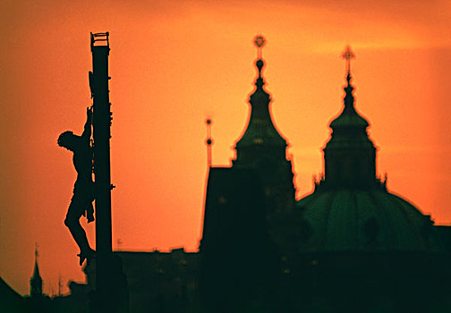 剪影,雕塑,耶稣,大教堂,日落,查理大桥,布拉格,捷克共和国