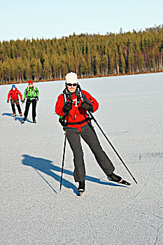 女人,滑雪,冰湖