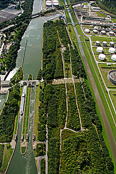 航拍,河,莱茵河的运河,艺术,戈登,纪念建筑,忘记,未来,岛屿,水门,艺术品,盖尔森基兴,鲁尔区,北方