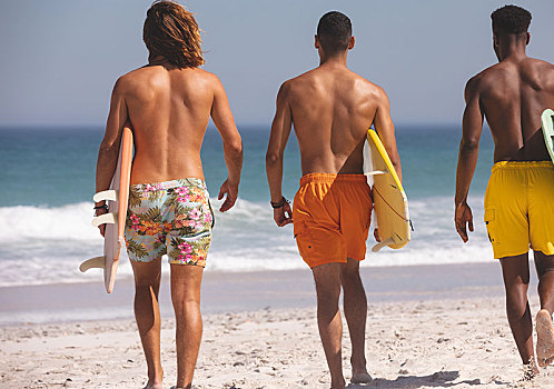 男性,朋友,走,冲浪板,海滩