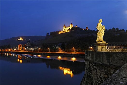 要塞,玛利恩堡,雕塑,古桥,上方,干流,维尔茨堡,巴伐利亚,德国