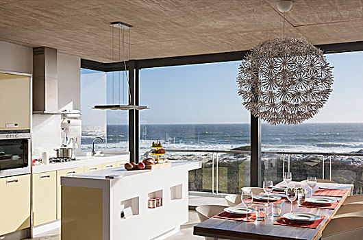 厨房,餐厅,现代住宅,远眺,海洋