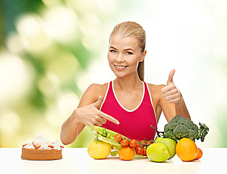 健身,卫生保健,节食,概念,微笑,女人,水果,蛋糕,指点,健康