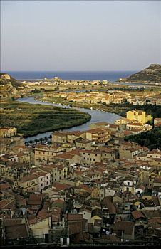 意大利,萨丁尼亚,俯视图,城镇,河,海洋,背景