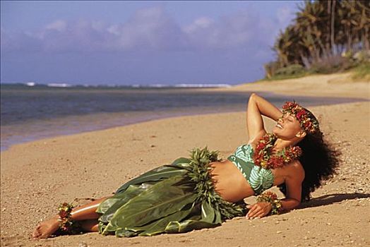 夏威夷,草裙舞,女孩,卧,海滩,裙子