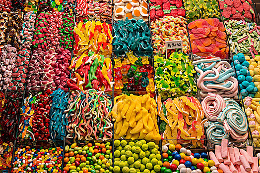 彩色,甜食,市场货摊,市集,巴塞罗那,加泰罗尼亚,西班牙,欧洲