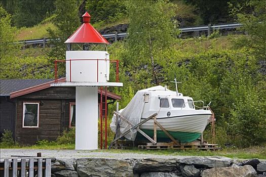 摩托艇,靠近,灯塔,挪威