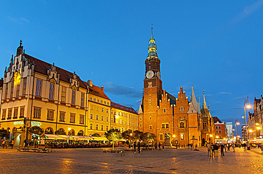 市政厅,市场,历史,老城,黄昏,弗罗茨瓦夫,波兰