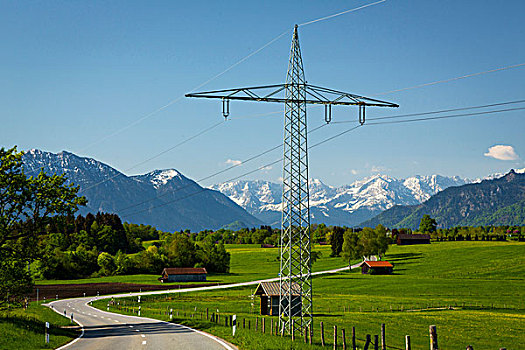 德国,巴伐利亚,乡间小路,高压电塔