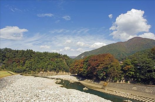 白川乡,世界遗产,乡村,河,山景