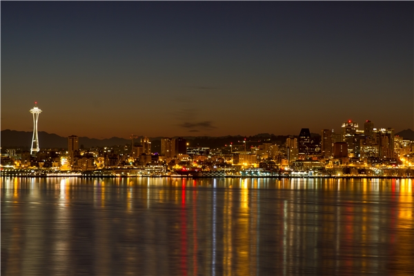 西雅图,市区,天际线,反射,黎明