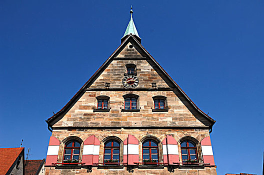 山墙,老市政厅,蓝天,市场,中间,弗兰克尼亚,巴伐利亚,德国,欧洲