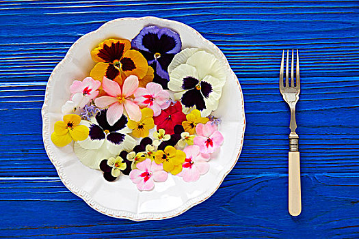食用花卉,沙拉,盘子,蓝色背景,木桌子,叉子