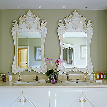 大理石,桌面,两个,洗,盆,镜子,墙壁
