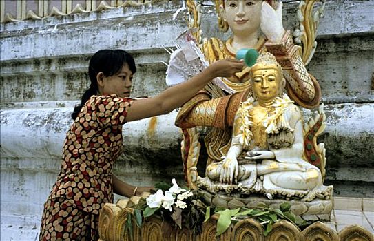 仪式,洗,佛像,缅甸,亚洲