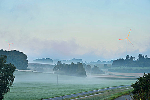 风景,雾状,农田,早晨,风轮机,背景,普拉蒂纳特,巴伐利亚,德国