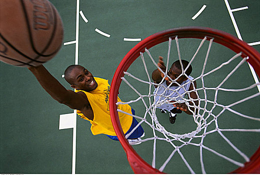 俯视,两个男人,玩,篮球
