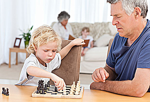 男孩,玩,下棋,爷爷,在家