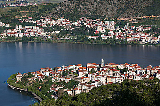 希腊,西部,马其顿,俯视,城镇,湖,寺院,早晨