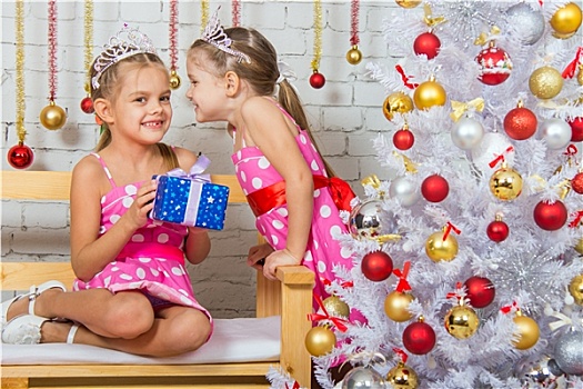 两个女孩,交谈,圣诞树