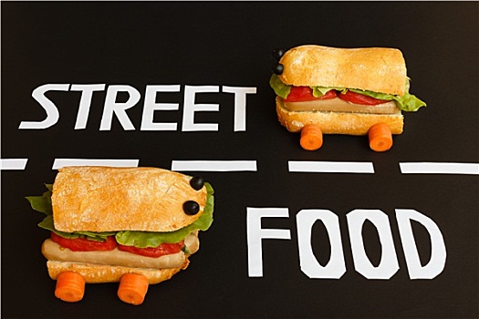 两个,三明治,形状,汽车,活动,街道,食物