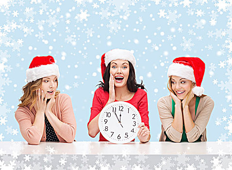 圣诞节,圣诞,冬天,高兴,概念,三个,微笑,女人,圣诞老人,帽子,钟表,展示