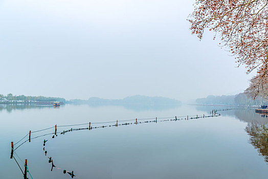 杭州西湖秋景晨雾