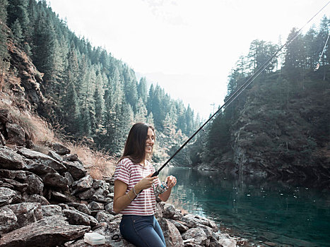 女人,钓鱼,湖,皮埃蒙特区,意大利